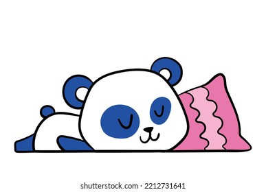 Cute little panda. Beautiful animal mascot lies on floor or sleeps on soft pink pillow. Design element for printing on children clothing. Cartoon flat vector illustration isolated on white background