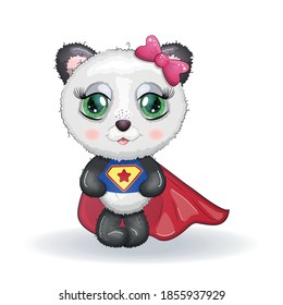 Cute little panda with big eyes in a cloak by a super hero, greeting card illustration, cute animals