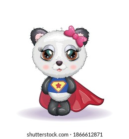 Cute little panda with big eyes in a cloak by a super hero, greeting card illustration, cute animals