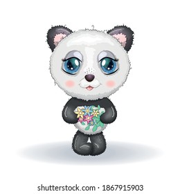 Cute little panda with big eyes and a bouquet, greeting card illustration, cute animal.