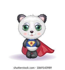 Cute little panda with big eyes in a cloak by a super hero, greeting card illustration, cute animals
