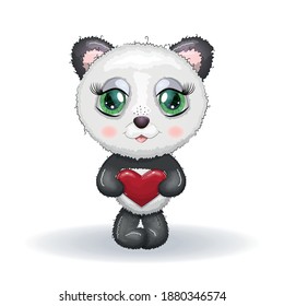 Cute little panda with big eyes and a heart in hands, greeting card illustration, cute animals.