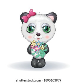 Cute little panda with big eyes and a bouquet, greeting card illustration, cute animal.