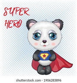 Cute little panda with big eyes in a cloak by a super hero, greeting card illustration, inscription Super Hero