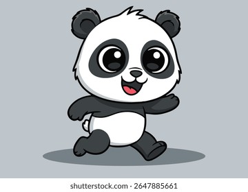 cute little panda with big eyes running and smiling happy