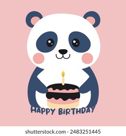 Cute little panda and birthday cake with candle. Happy birthday lettering. Holiday card design. Vector illustration.