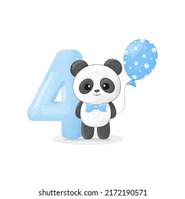 Cute Little Panda Boy With Figure Four, Blue Balloon And Bow Tie. Happy Birthday Greeting Card. Vector Illustration	
