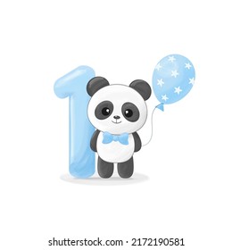 Cute little panda boy with figure one, blue balloon and bow tie. Happy birthday greeting card. Vector illustration
