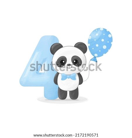 Cute little panda boy with figure four, blue balloon and bow tie. Happy birthday greeting card. Vector illustration	
