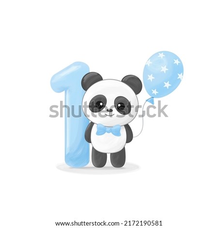 Cute little panda boy with figure one, blue balloon and bow tie. Happy birthday greeting card. Vector illustration
