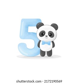 Cute little panda boy with number five, blue balloon and bow tie. Happy birthday greeting card. Vector illustration	
