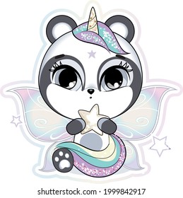 Cute little panda with butterfly wings and horn holding star. Pastel soft colors. Vector illustration.