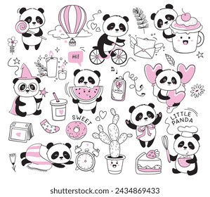 Cute little panda cartoon character doodle animal design for baby shower prints vector illustration. Lovely bears holding happy birthday cakes, sweets, gifts, balloons and other festive elements