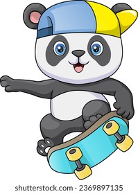 Pequeña y pequeña caricatura de panda jugando al skateboard