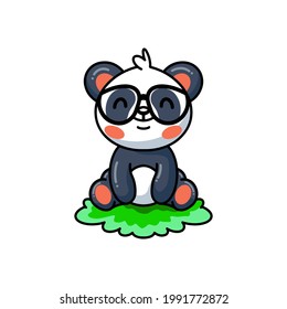 Cute little panda cartoon sitting on grass