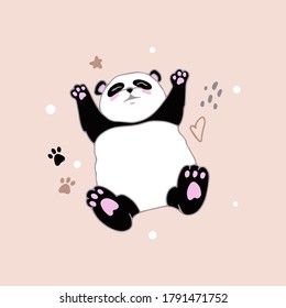 A cute little panda in cartoon style lies on his back. Hand-drawn bamboo Chinese bear. Additional elements are doodles. Stock vector illustration for printing on stationery, postcards, paper.