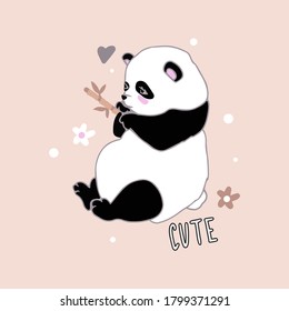 Cute little panda in cartoon style eats bamboo. Hand-drawn Chinese bear. Additional elements - scribbles, lettering. Stock vector illustration for printing on stationery, postcards, paper.