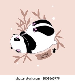 Cute little panda in cartoon style lies in bamboo. Hand-drawn Chinese bear. Additional elements - scribbles, lettering. Stock vector illustration for printing on stationery, postcards, paper.