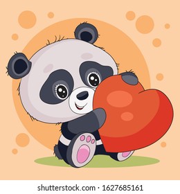 cute little panda character holds big red heart in its paws and wants to give it for a holiday,