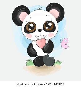 Cute little panda character isolated on watercolour background with heart and butterfly. `Hand drawn cartoon art. Vector illustration.