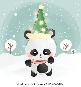 cute little panda and christmas hat