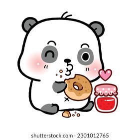 Cute Little Panda eating donut. flat cartoon style