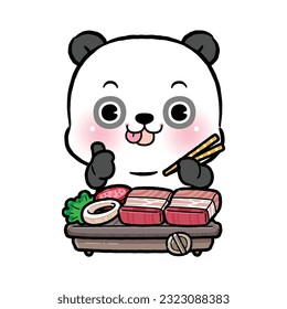 Cute Little Panda Eating Korean Barbecue. or Thai Style Thai BBQ. Moo Kratha.