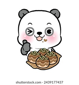 Netter kleiner Panda, der Takoyaki isst. Flaches Design. Kawaii-Cartoon-Stil