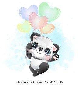 Cute little panda flying with balloon