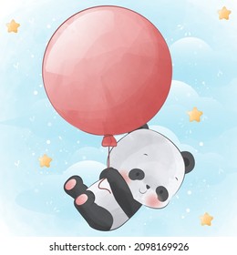 Cute little Panda flying with balloon