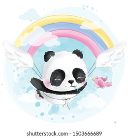 Cute little panda flying in the sky