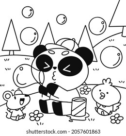Cute Little Panda And Friends Cub Blowing Bubbles Coloring Book Page Illustration Asset