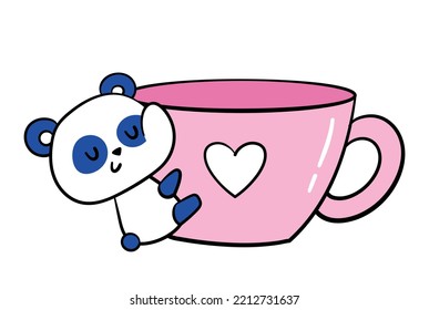 Cute little panda. Funny bear hugging pink cup or mug with delicious hot drink. Tea or coffee. Design element for messengers and chats. Cartoon flat vector illustration isolated on white background