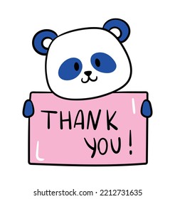 Cute little panda. Funny teddy bear with banner and thank you inscription. Gratitude and appreciation. Design element for social networks. Cartoon flat vector illustration isolated on white background