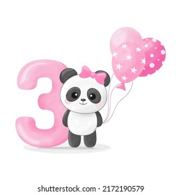 Cute little panda girl with figure three, pink balloon and bow. Happy birthday greeting car. Vector illustration	