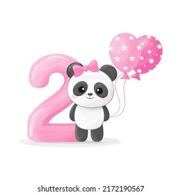 Cute little panda girl with number two, pink balloon and bow. Happy birthday greeting car. Vector illustration