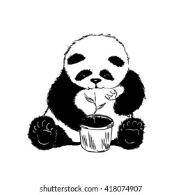 Cute little Panda grows bamboo. Vector illustration.