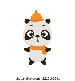 Cute little panda in hat and scarf. Cartoon animal character for kids t-shirts, nursery decoration, baby shower, greeting card, invitation, house interior. Vector stock illustration