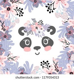 Cute little panda head with flower crown. Vector hand drawn illustration for card and shirt design.