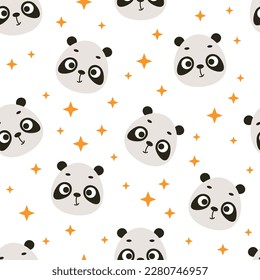 Cute little panda head seamless childish pattern. Funny cartoon animal character for fabric, wrapping, textile, wallpaper, apparel. Vector illustration