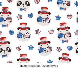 Cute little panda head in USA patriotic hat seamless childish pattern. Funny cartoon animal character for fabric, wrapping, textile, wallpaper, apparel. Vector illustration