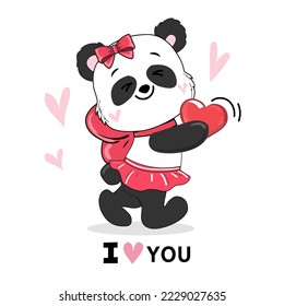 Cute little panda with heart in kawaii style. Valentine's Day card. Vector cartoon illustration. Character design banner baby. Doodle cartoon style