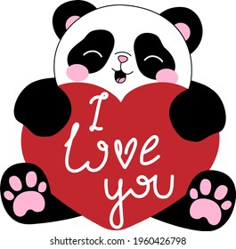 Cute little panda with heart and text I love you. Baby animals kid 
illustration. Valentine logo.