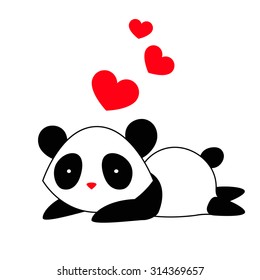 Cute little panda with hearts. Simple vector template. 