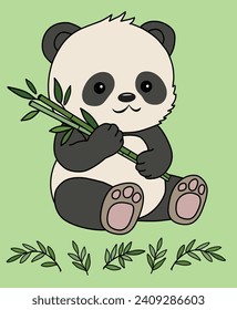 Cute little panda holding bamboo in his paws. Vector illustration.
