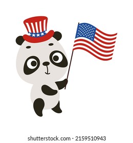 Cute little panda holding flag of United States in patriotic hat. Cartoon animal character for kids t-shirt, decoration, baby shower, greeting card, house interior. Vector stock illustration