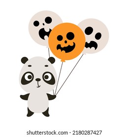 Cute little panda holding Halloween balloons. Cartoon animal character for kids t-shirts, nursery decoration, baby shower, greeting card, invitation. Vector stock illustration
