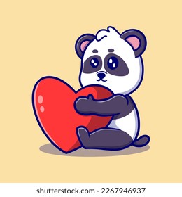 Cute little panda holding love cartoon icon illustration. funny sticker for kids