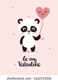 Cute little panda holds a balloon in his hands. Vector greeting card with animal text on a pink background.