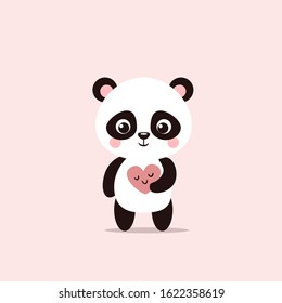 Cute little panda holds a Valentine in his hands. Vector animal on a pink background with a card.